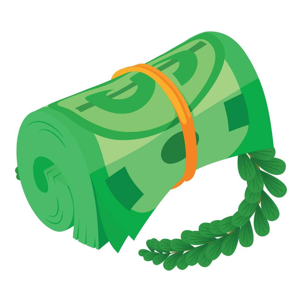 Investment income icon isometric vector. Rolled dollar bill and green branch vector