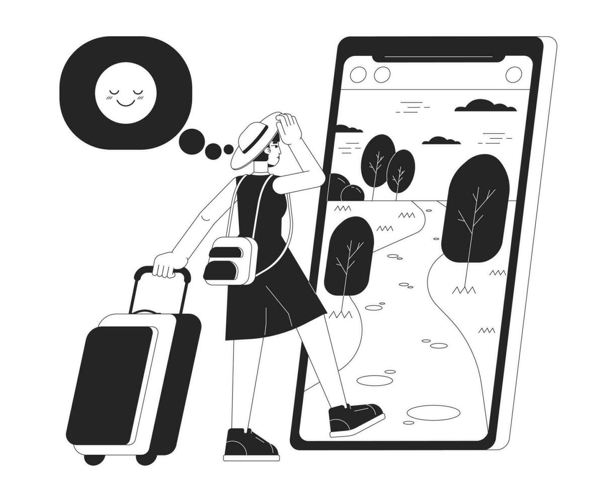 viaje hombre de influencia yendo en vacaciones plano línea concepto vector Mancha ilustración. viaje blogger mujer 2d dibujos animados plano línea monocromo personaje para web ui diseño. editable aislado contorno héroe imagen