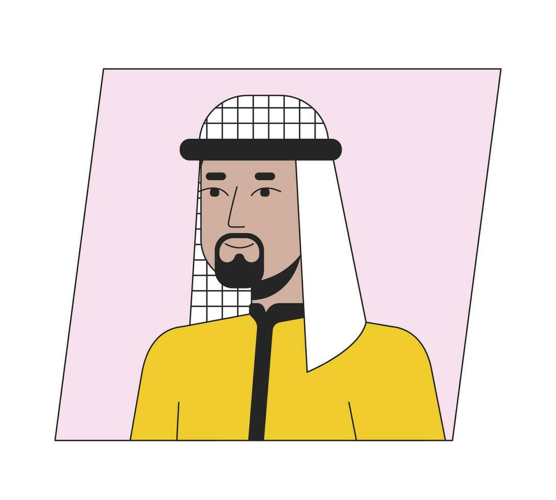 musulmán hombre en hijab plano color dibujos animados avatar icono. editable 2d usuario retrato lineal ilustración. aislado vector cara perfil clipart. foto de usuario, persona cabeza y espalda
