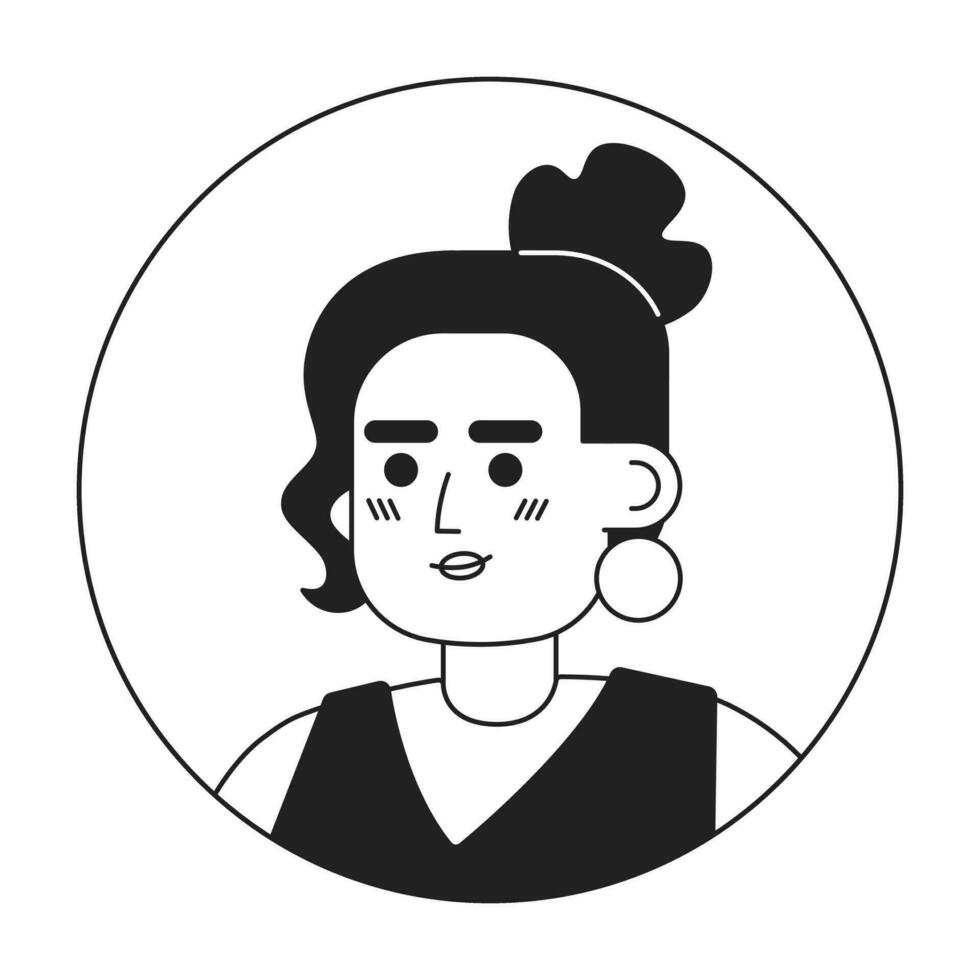 morena mujer monocromo plano lineal personaje cabeza. dama con dorado aretes y bollo peinado. editable contorno mano dibujado humano cara icono. 2d dibujos animados Mancha vector avatar ilustración para animación