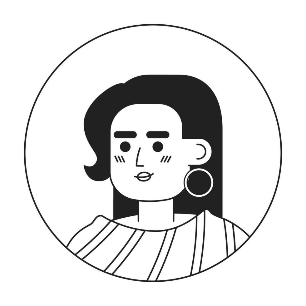 seguro de sí mismo Hispano mujer monocromo plano lineal personaje cabeza. largo Derecho pelo y arete. editable contorno mano dibujado humano cara icono. 2d dibujos animados Mancha vector avatar ilustración para animación