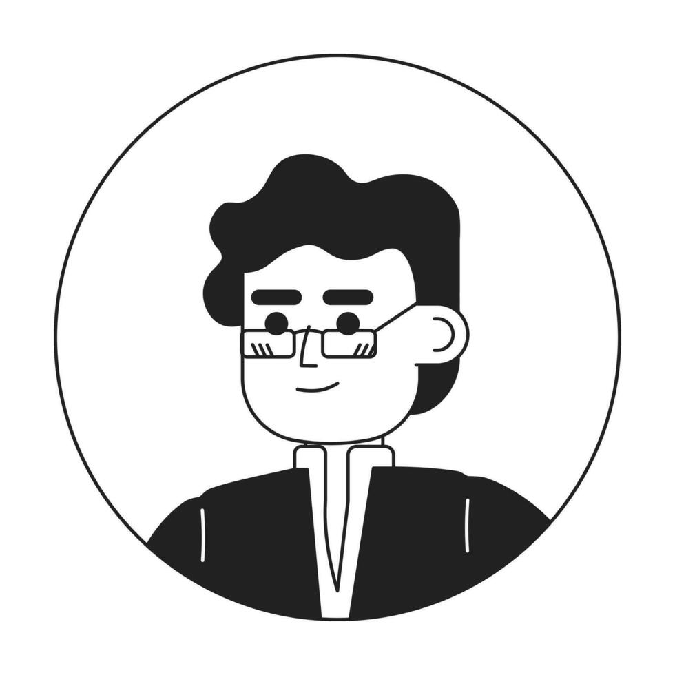 adulto indio hombre monocromo plano lineal personaje cabeza. editable dibujos animados avatar icono. Rizado pelo morena en lentes. cara emoción. vistoso Mancha ilustración para web gráfico diseño, animación vector