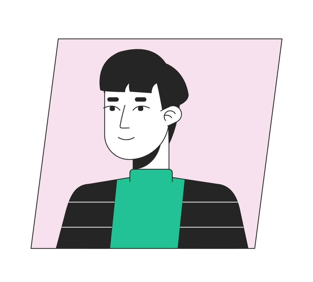 Young asian man flat color cartoon avatar icon flat color cartoon avatar icon. Editable 2D user portrait linear illustration. Isolated vector face profile clipart. Userpic, person head and shoulders