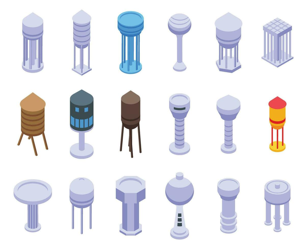 Water tower icons set isometric vector. Industrial tank vector