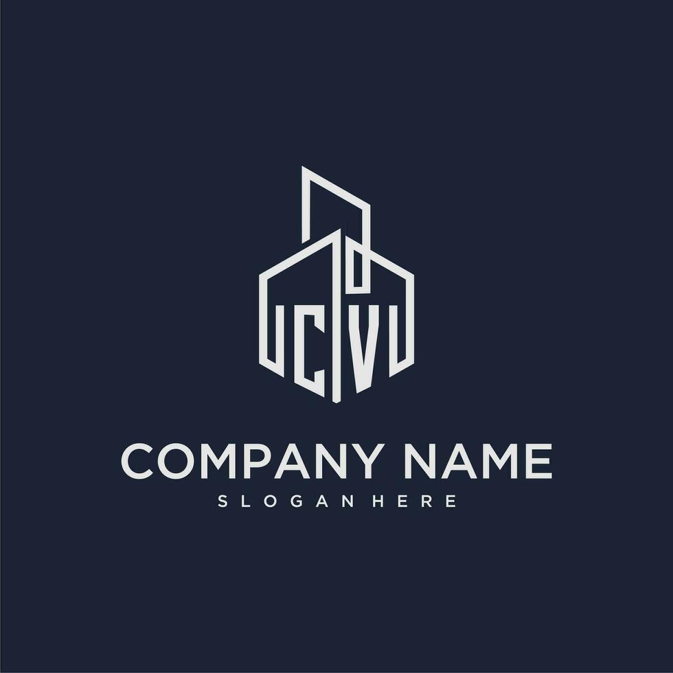 CV inicial monograma logo para real inmuebles con edificio estilo vector