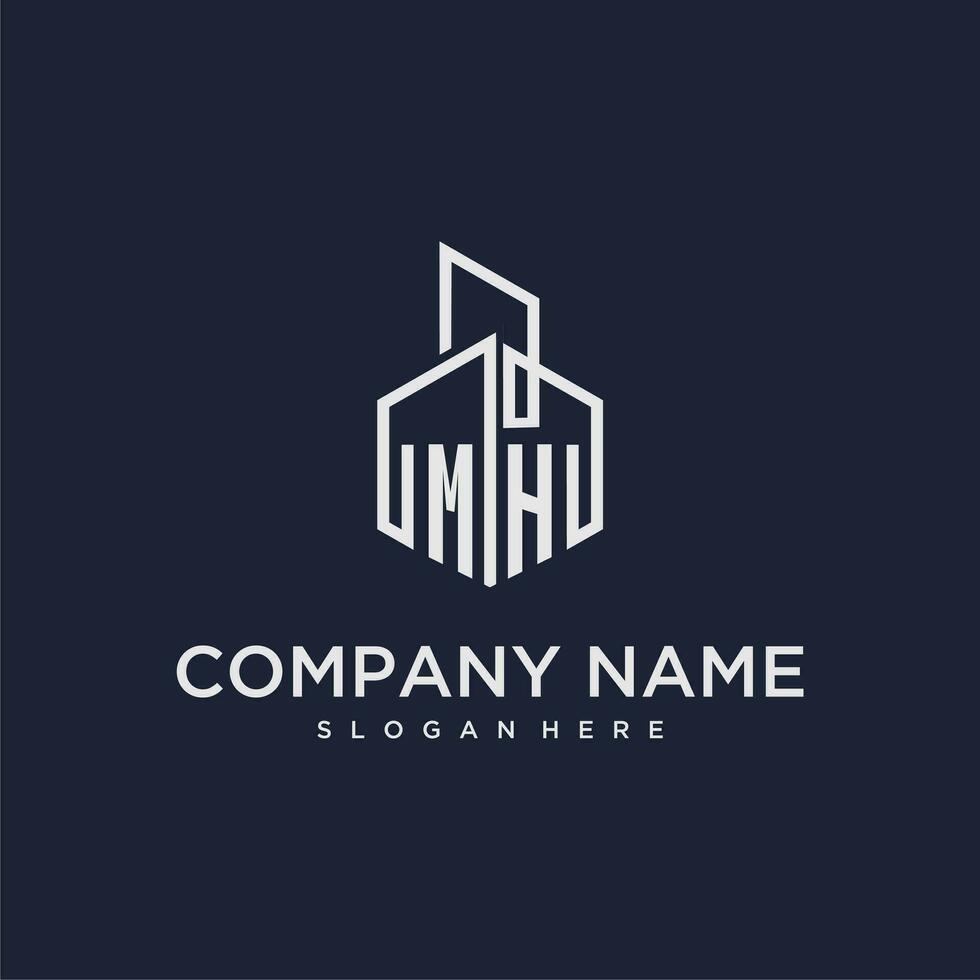 MH initial monogram logo for real estate with building style vector