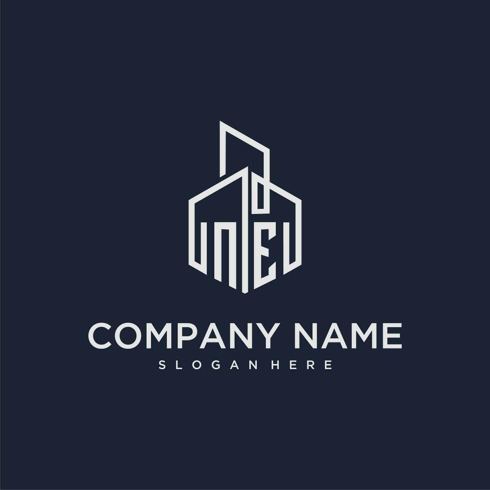 NE initial monogram logo for real estate with building style vector