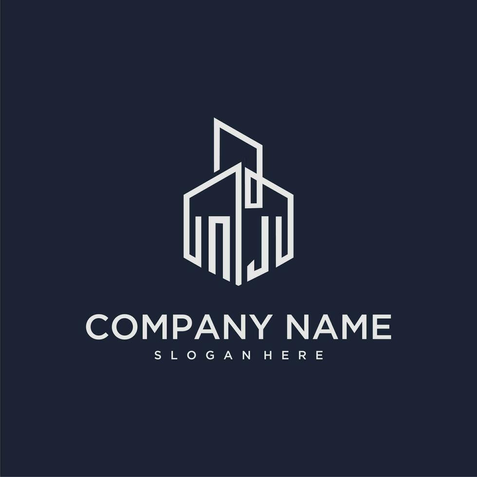 NJ initial monogram logo for real estate with building style vector
