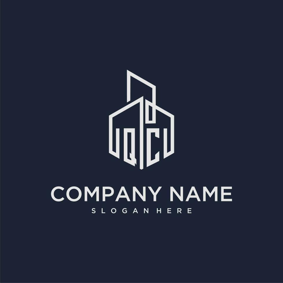 QC initial monogram logo for real estate with building style vector