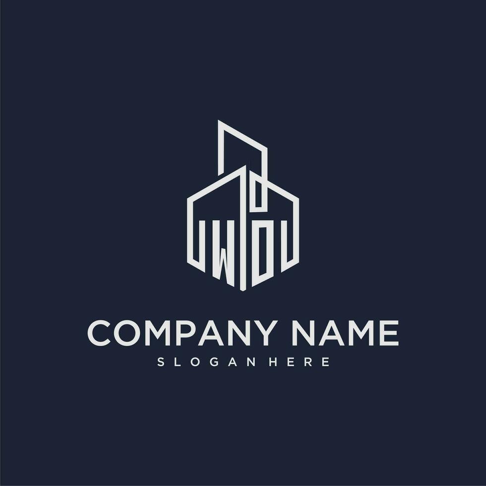 WO initial monogram logo for real estate with building style vector