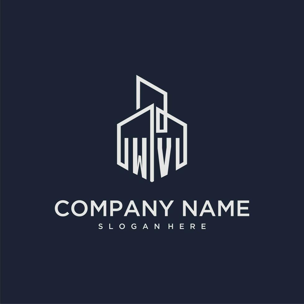 WV initial monogram logo for real estate with building style vector