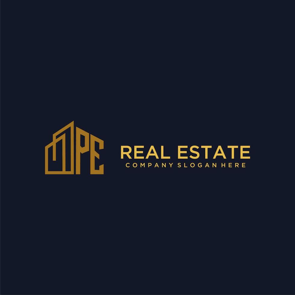 PE initial monogram logo for real estate with building style vector