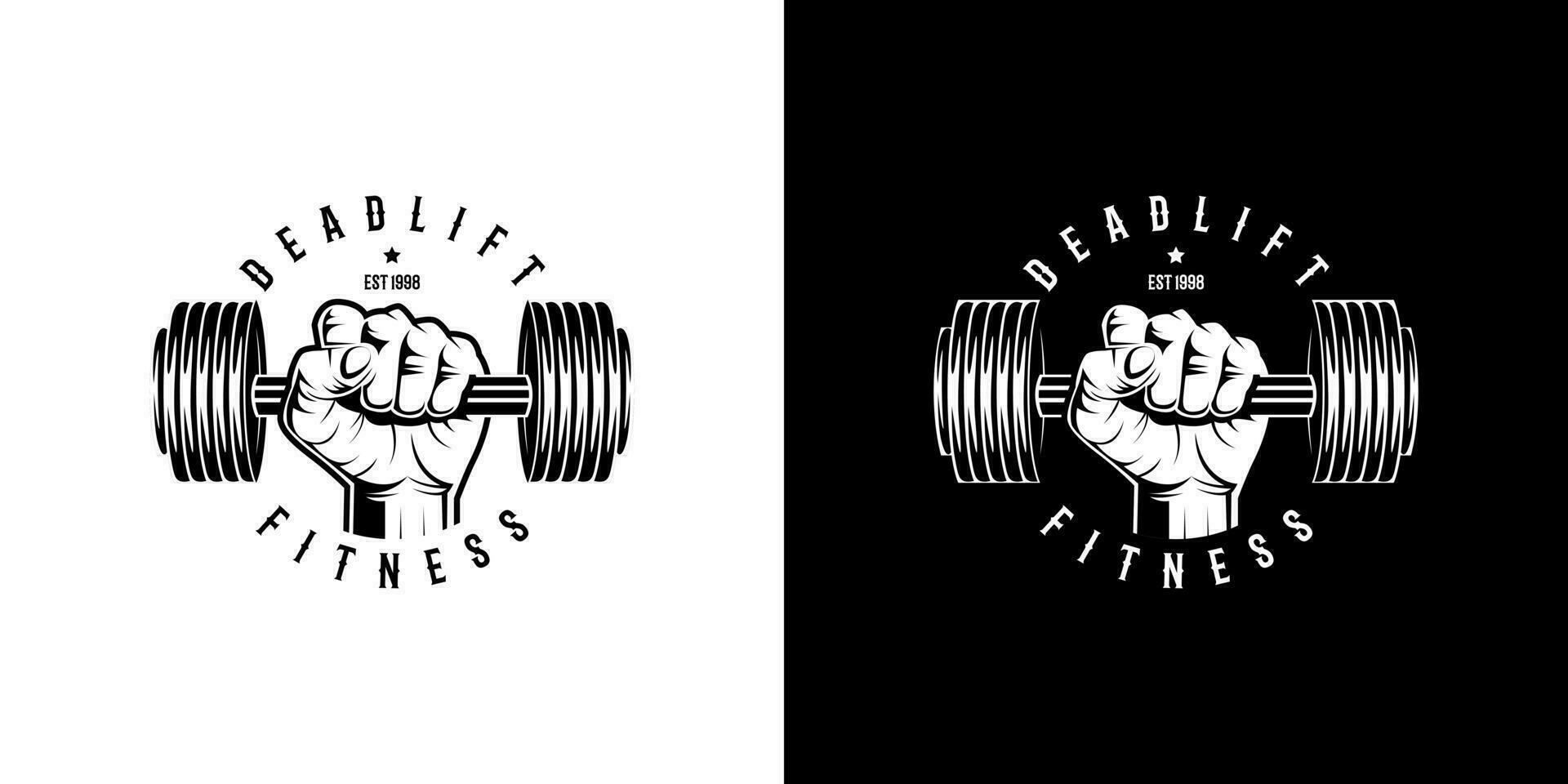 illustration of a rough strong clenched hand fist holding lifting a barbell or dumbbell. weight lifting gym fitness sport club vintage retro emblem badge label logo design vector