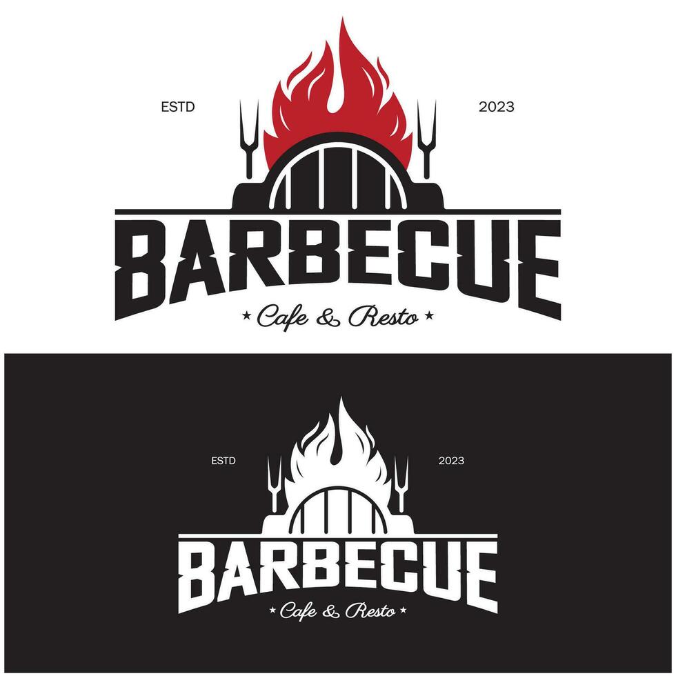 Simple Barbecue Vintage hot grill, with crossed flames and spatula. Logo for restaurant, badge, cafe and bar.vector vector