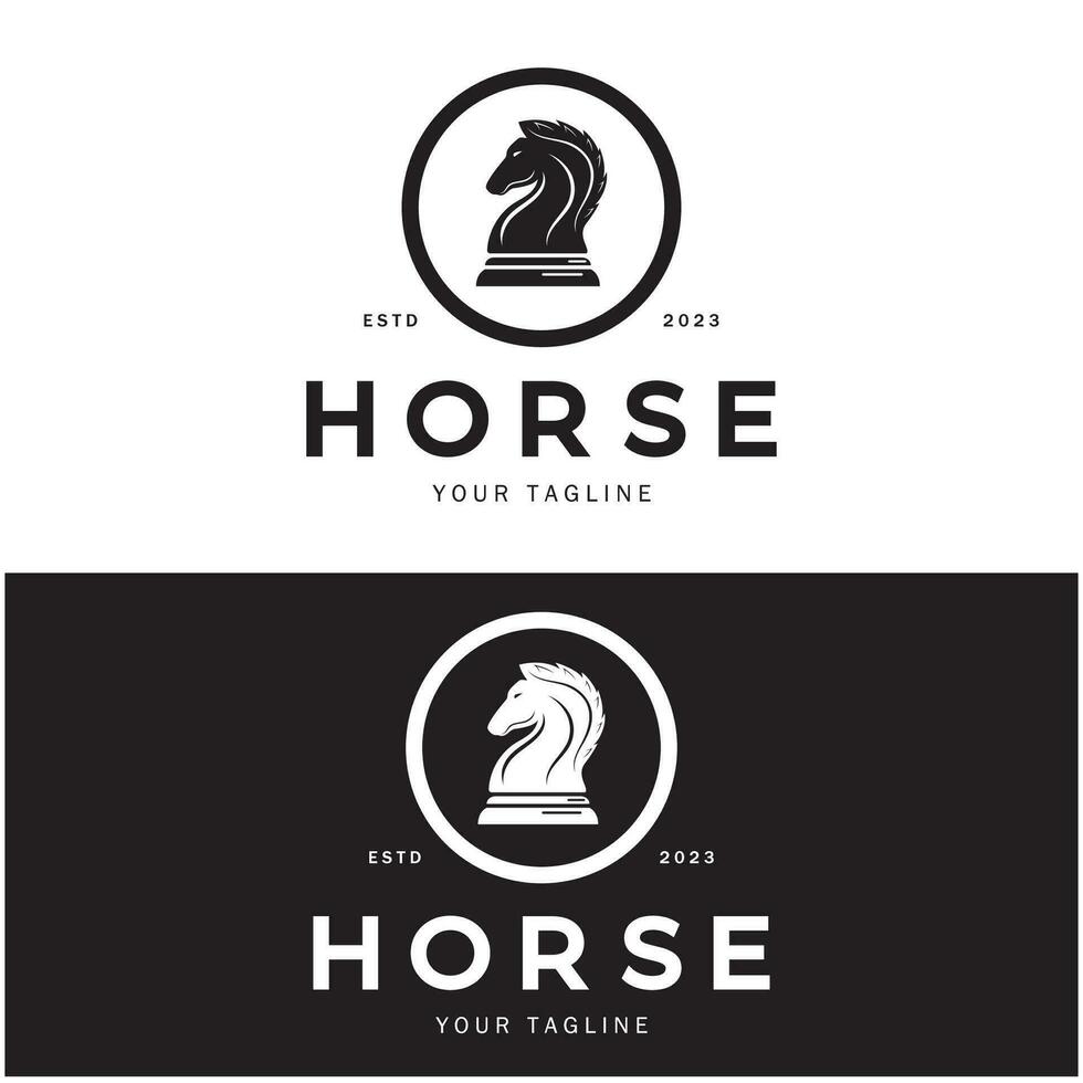Chess strategy game logo with horse, king, pawn, minister and rook. Logo for chess tournament, chess team, chess championship, chess game application. vector