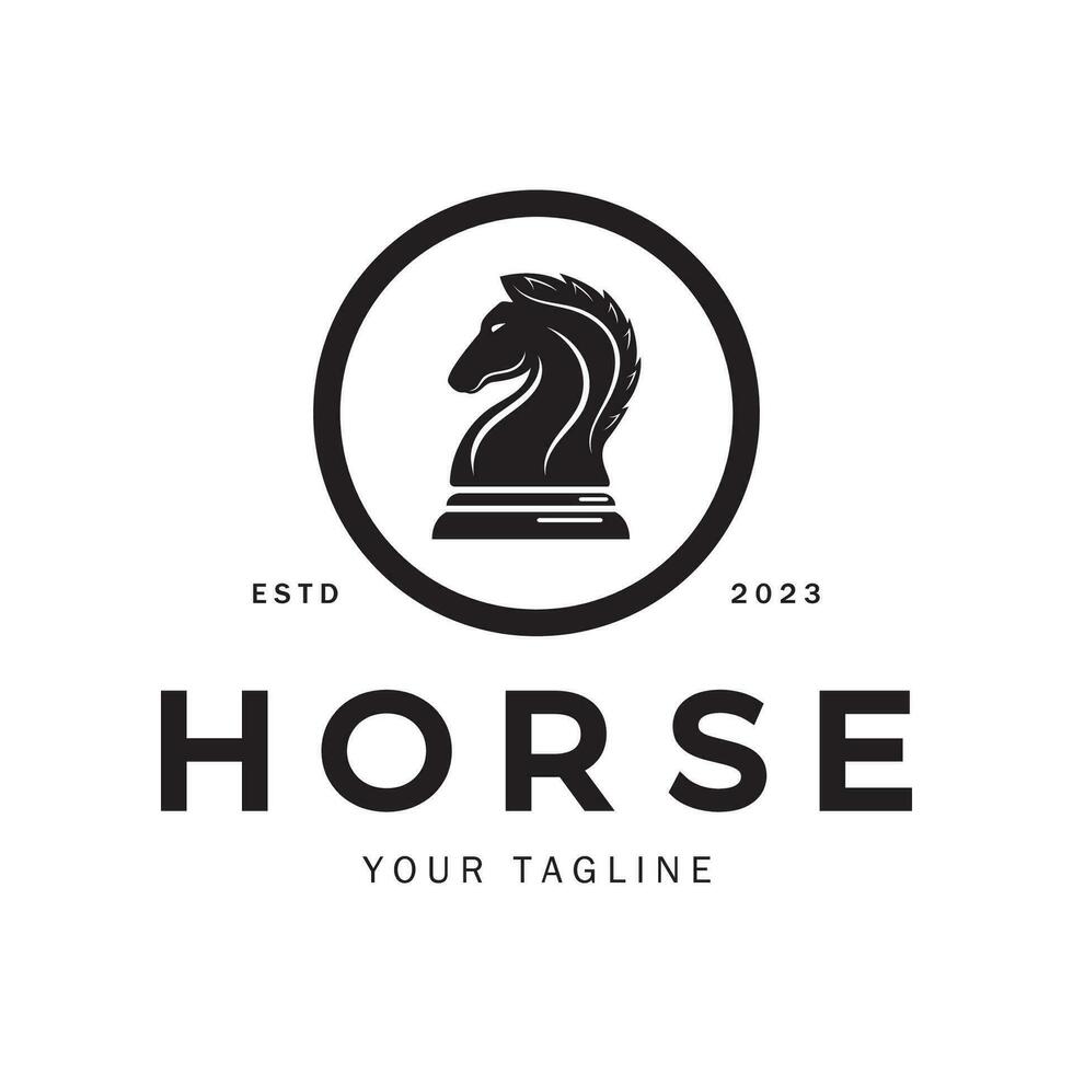 Chess strategy game logo with horse, king, pawn, minister and rook. Logo for chess tournament, chess team, chess championship, chess game application. vector