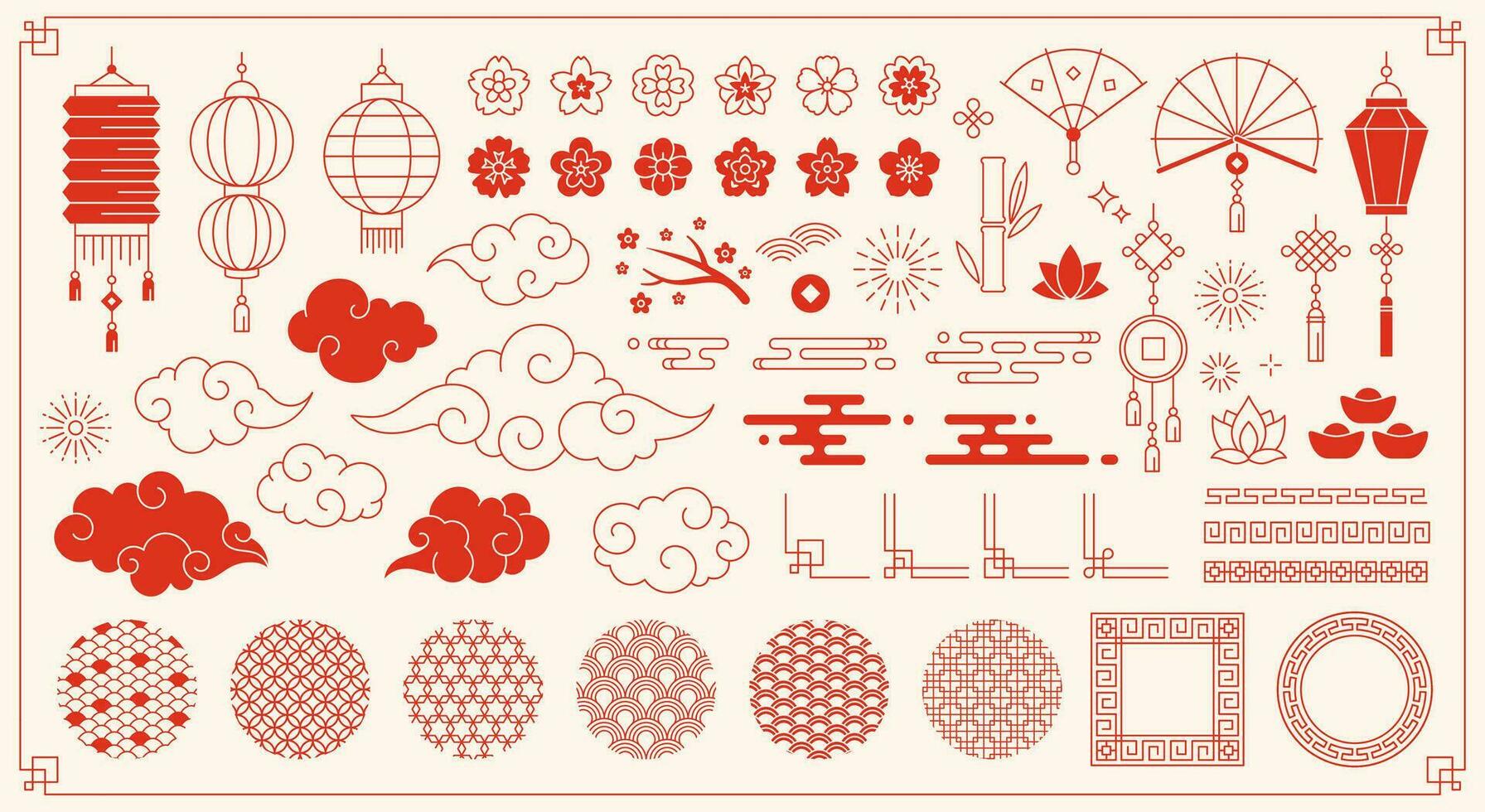 Traditional chinese new year elements, asian oriental ornaments. Japanese festive decorations, clouds, flowers and patterns vector set