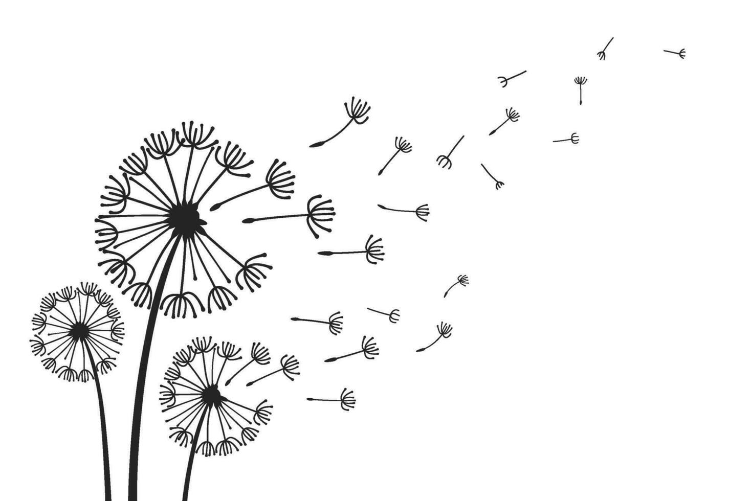 Dandelions with flying seeds, fluffy dandelion flower silhouettes. Spring season blooming blowball flowers doodles vector illustration