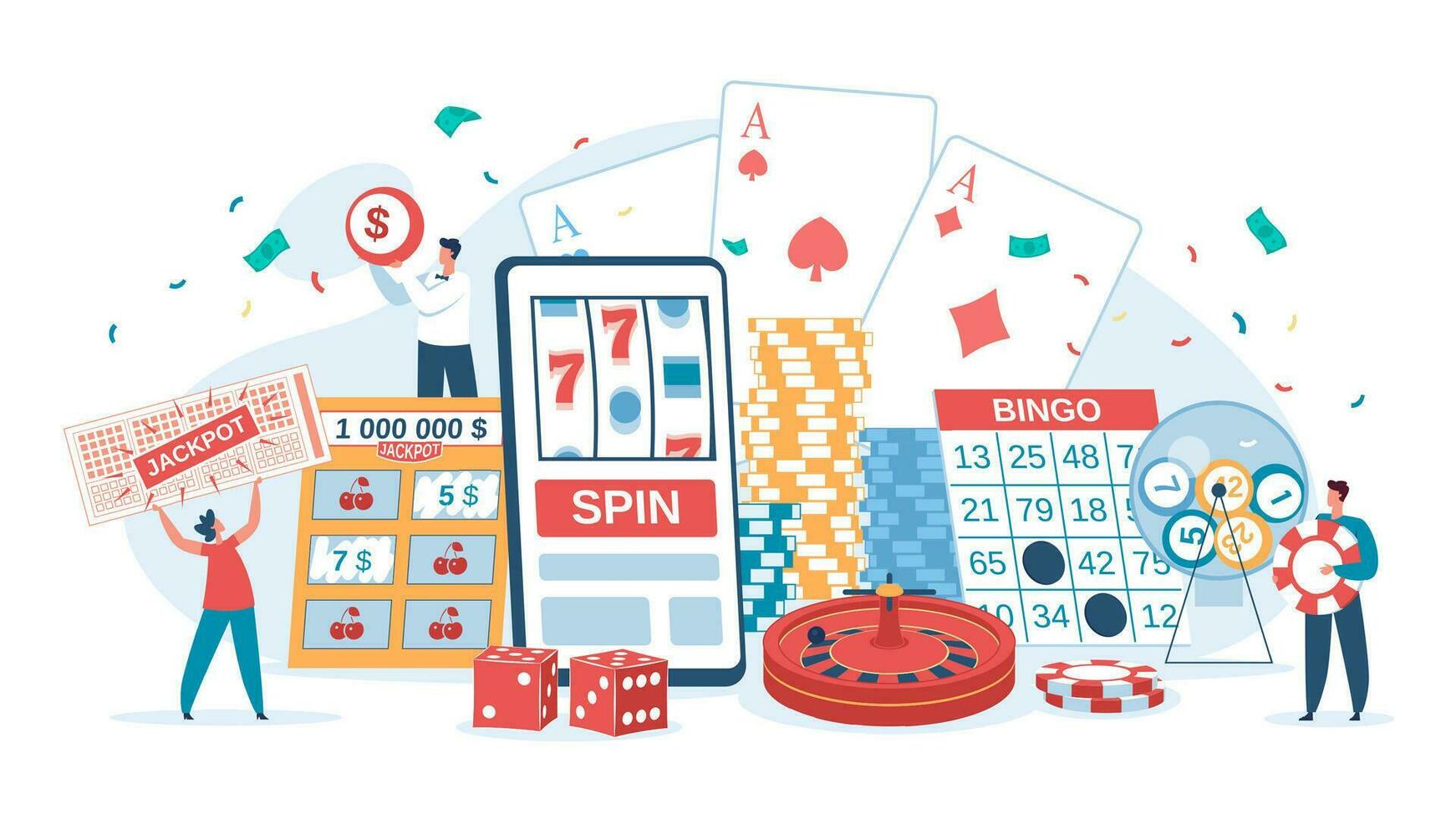 en línea casino juego, suerte personas victorioso bote. caracteres jugando espacio máquina, bingo, ruleta, lotería ganadores vector ilustración