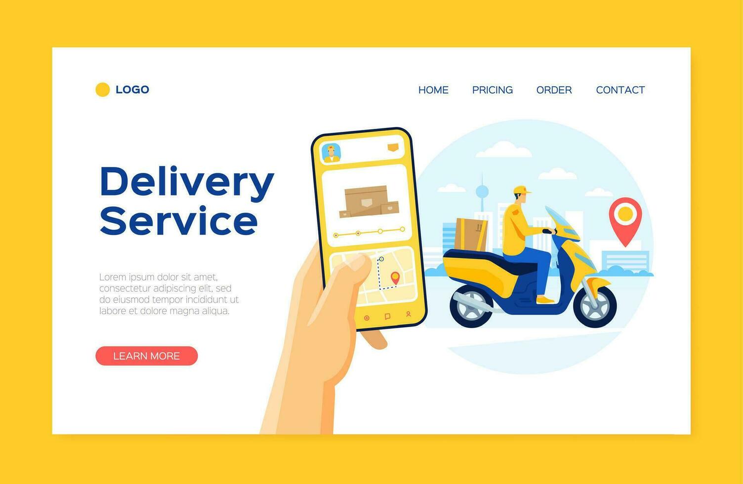 en línea entrega Servicio aterrizaje página plantilla, mensajero en scooter. comida orden rastreo aplicación, entrega hombres con paquete vector sitio web concepto