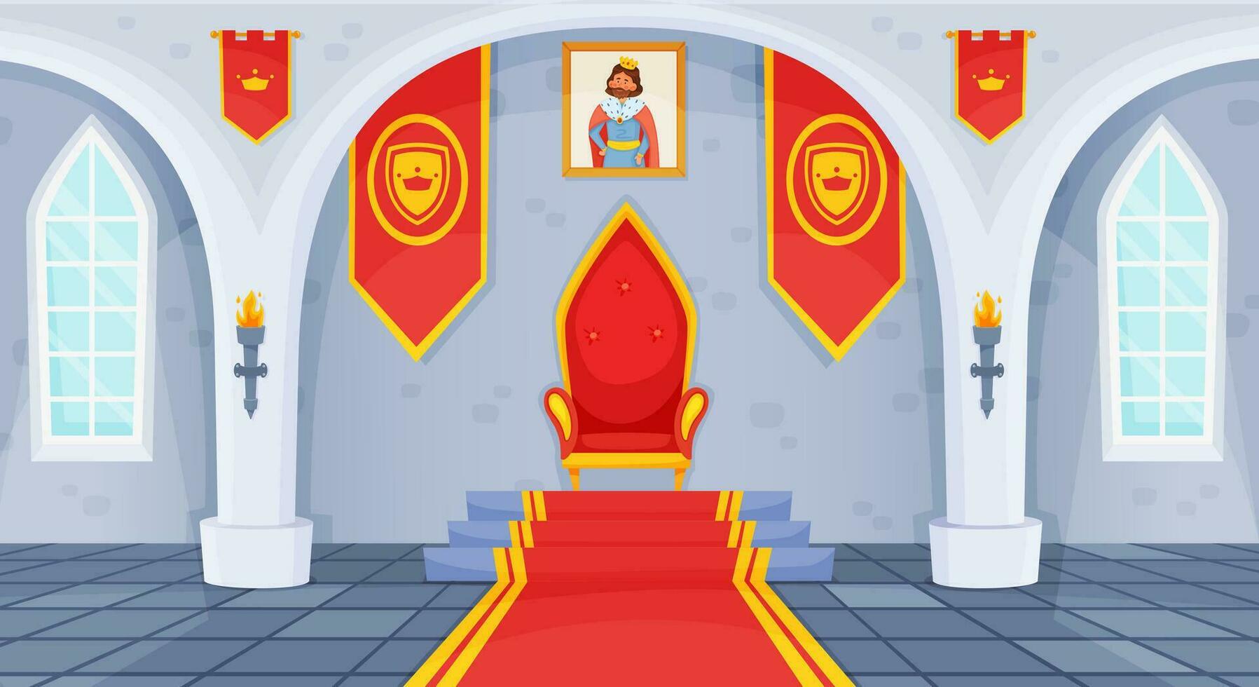 Castle throne room, royal palace interior, medieval ballroom. Cartoon fairytale kingdom hall with king thrones chair, flags vector illustration