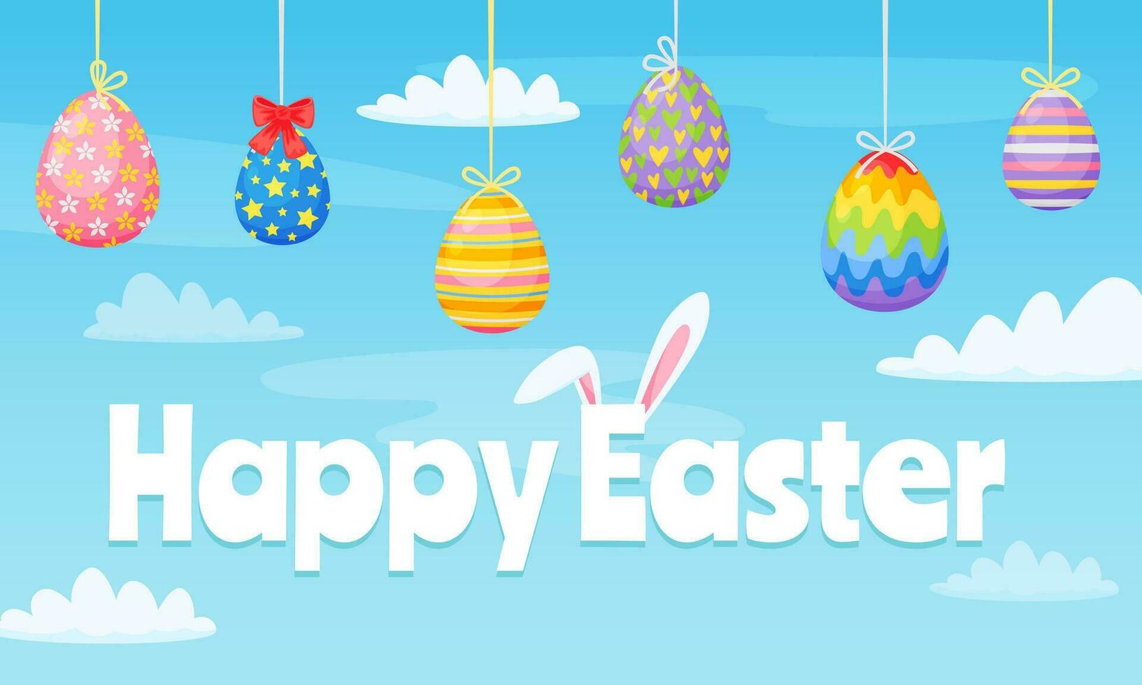 Cartoon happy easter banner with colorful painted eggs. Spring holiday greeting card with chocolate eggs and bunny ears vector illustration