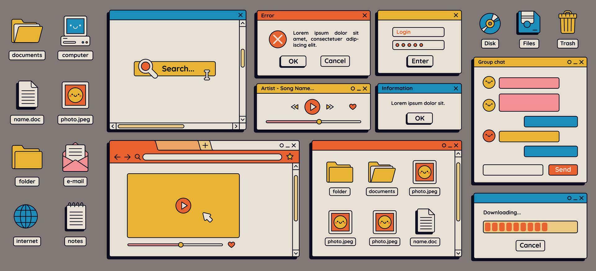90s retro vaporwave old desktop user interface elements. Cute nostalgic computer ui, vintage aesthetic icons and windows vector set