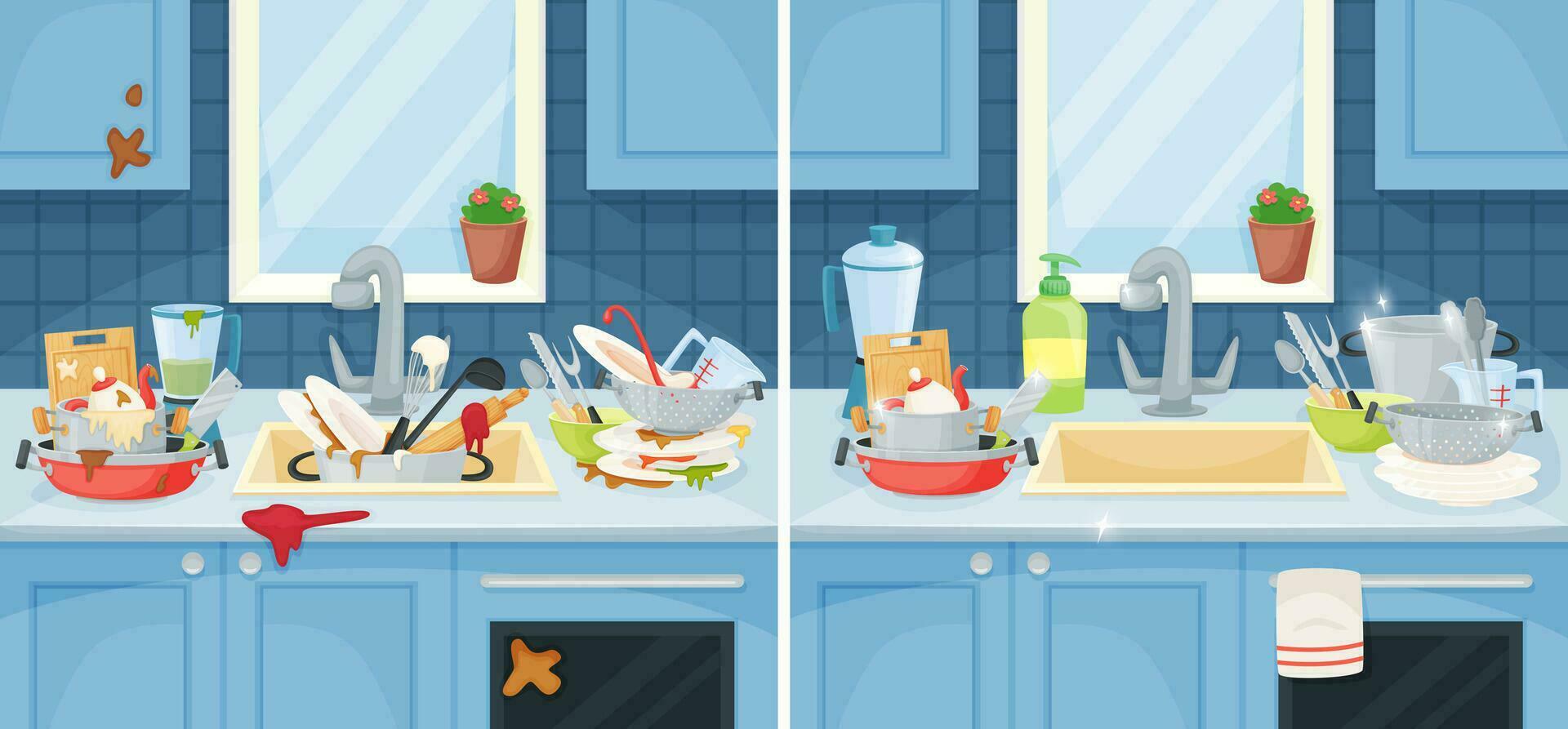 Dirty and clean dishes in sink, messy plates and cups. Cartoon unwashed kitchenware, before and after cleaning kitchen vector illustration