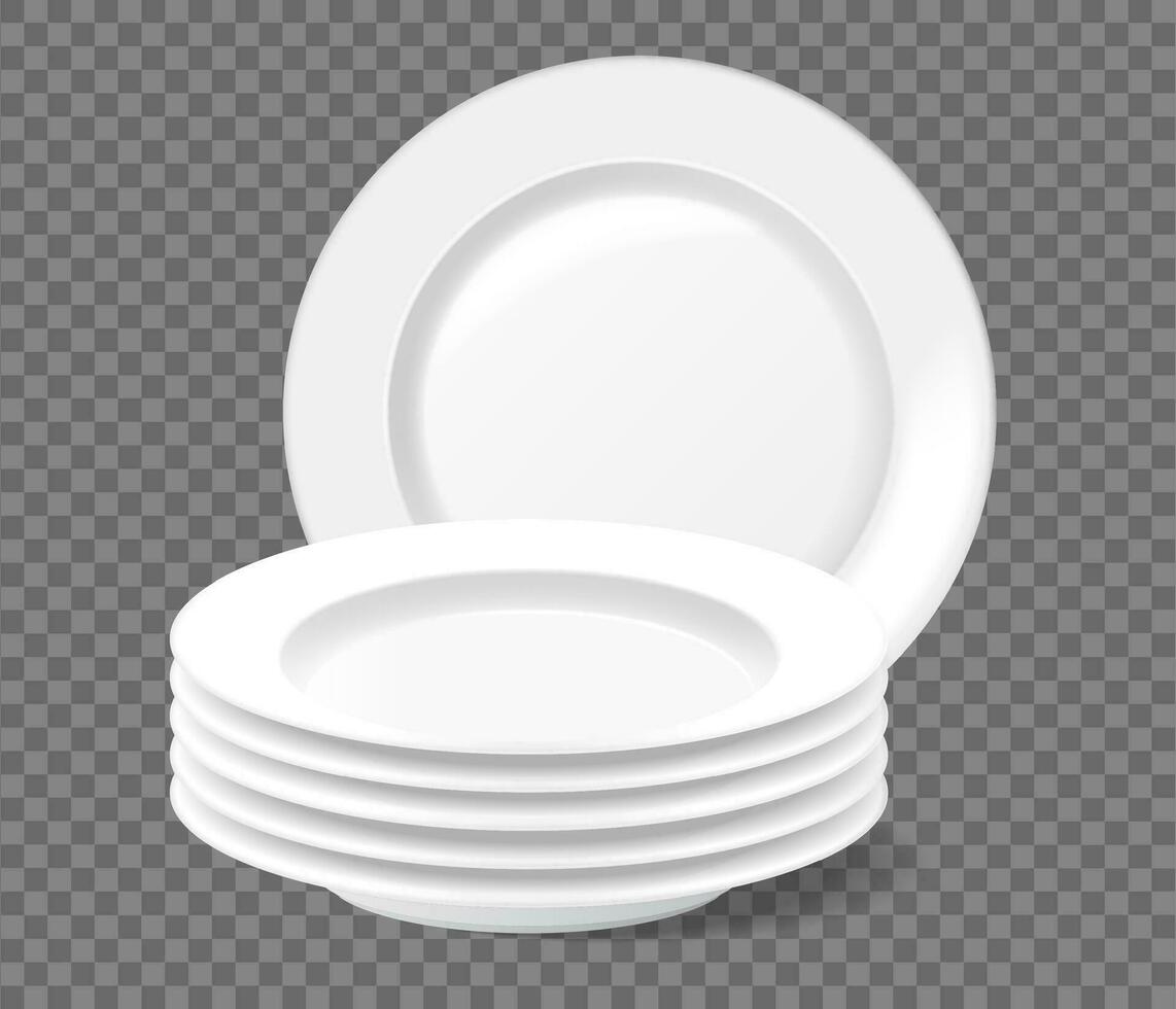 Realistic stack of plates, washed dishes, clean plate pile. Stacked dinnerware, empty white dish, ceramic kitchen tableware vector set