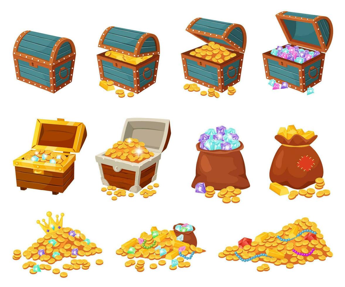 Cartoon treasure chests, piles of gold and jewels, pirate treasures. Bag with diamonds, open wooden chest with coins and gems vector set