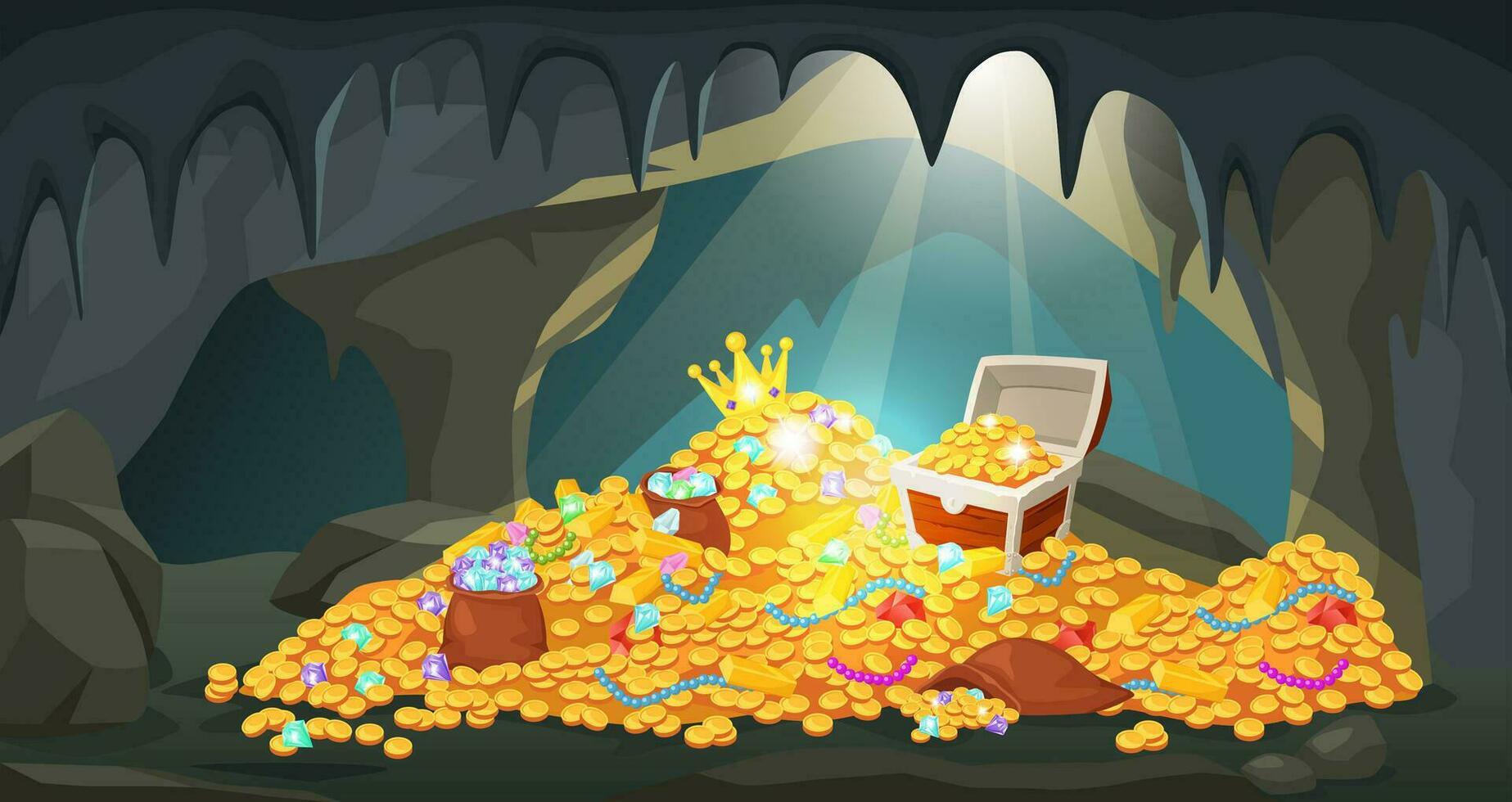 Cartoon treasure cave with piles of coins, gold bars, gems and jewels