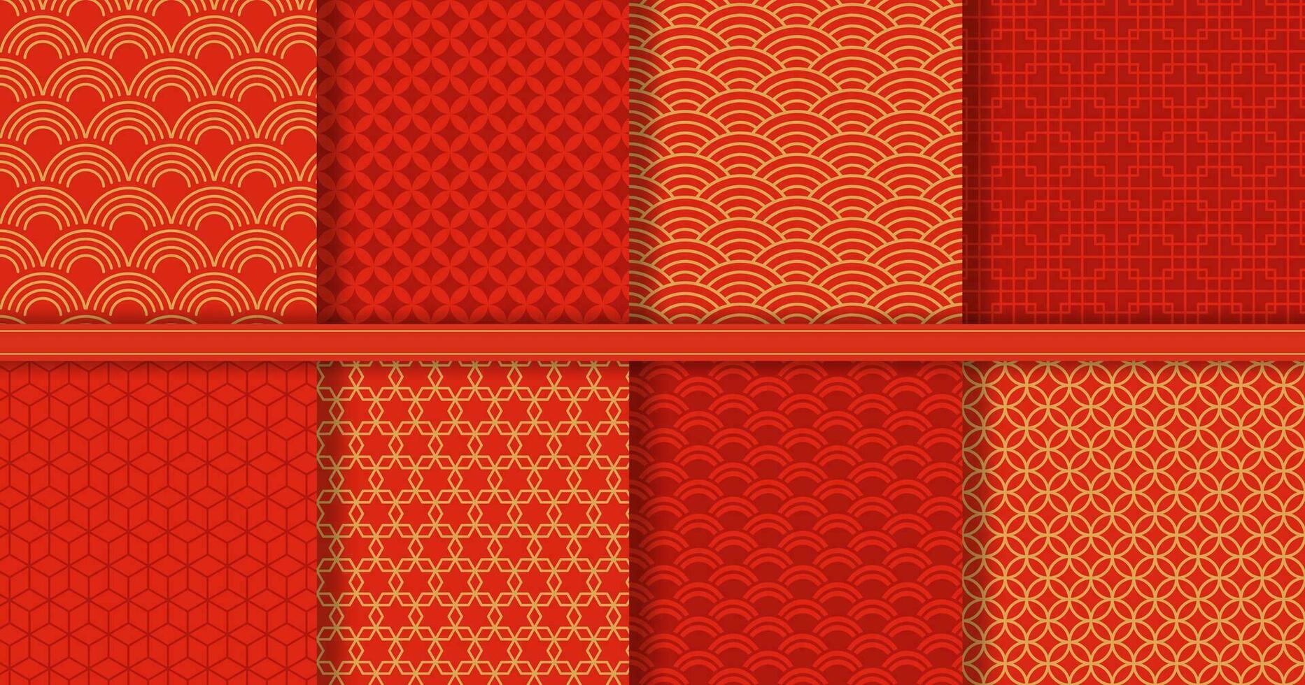 tradicional chino sin costura patrón, dorado asiático antecedentes. rojo y oro japonés ola adornos, resumen decorativo textura vector conjunto