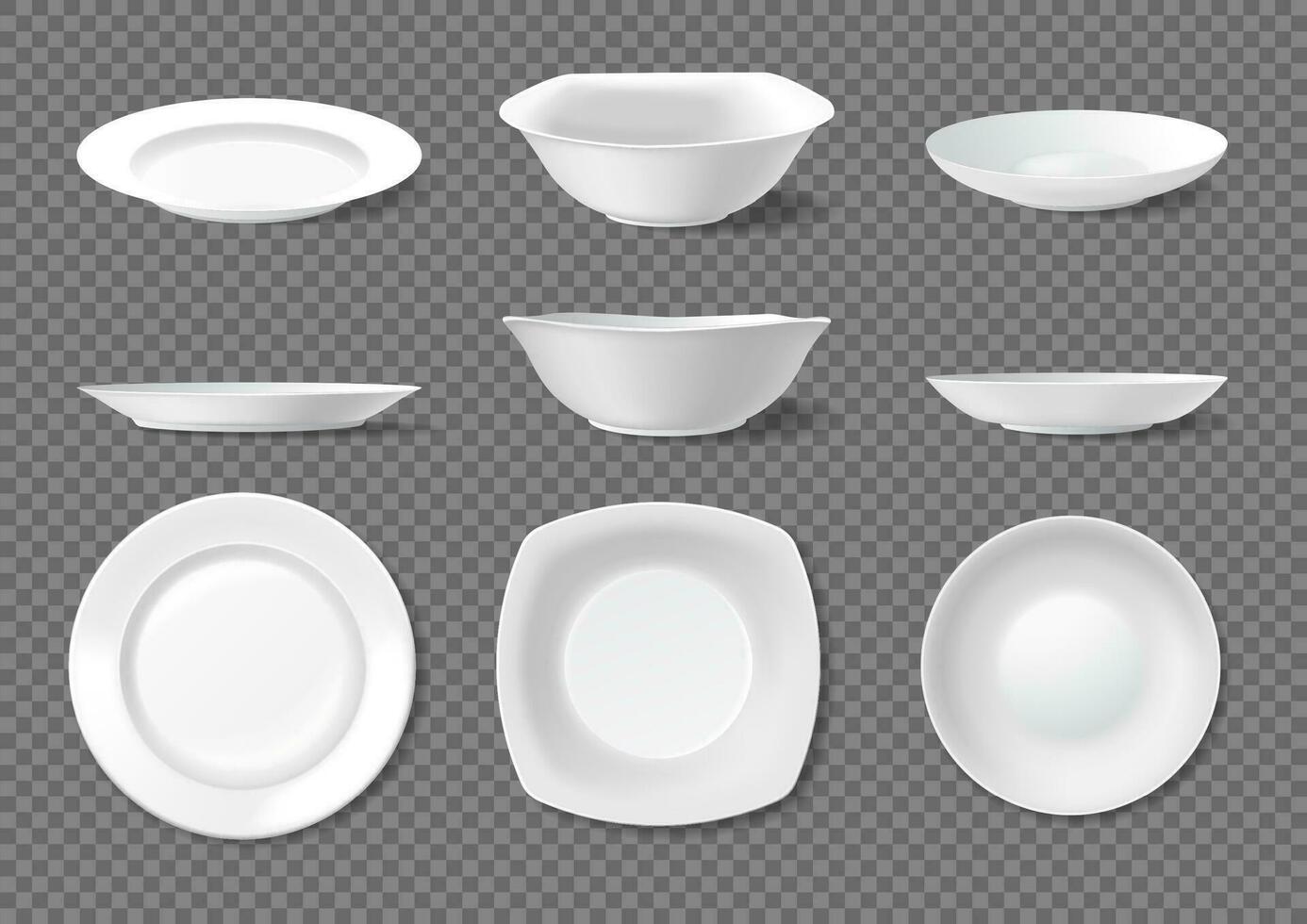 Realistic ceramic plates, empty white dishes top and side view. Porcelain plate and bowl, kitchen crockery, ceramic dinnerware vector set
