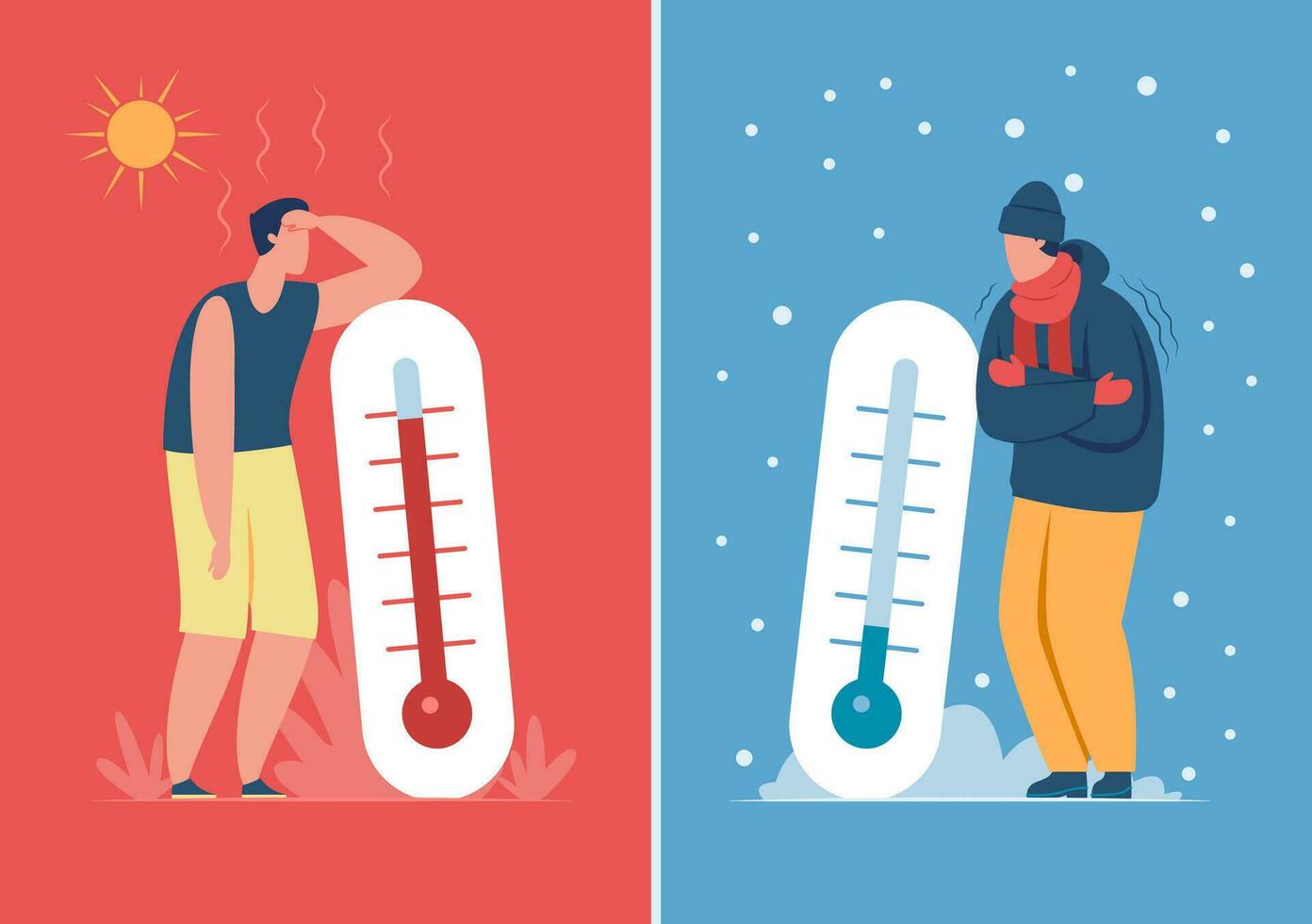 Male character in hot and cold weather with outdoor thermometer. Person sweating or freezing, summer vs winter season vector illustration