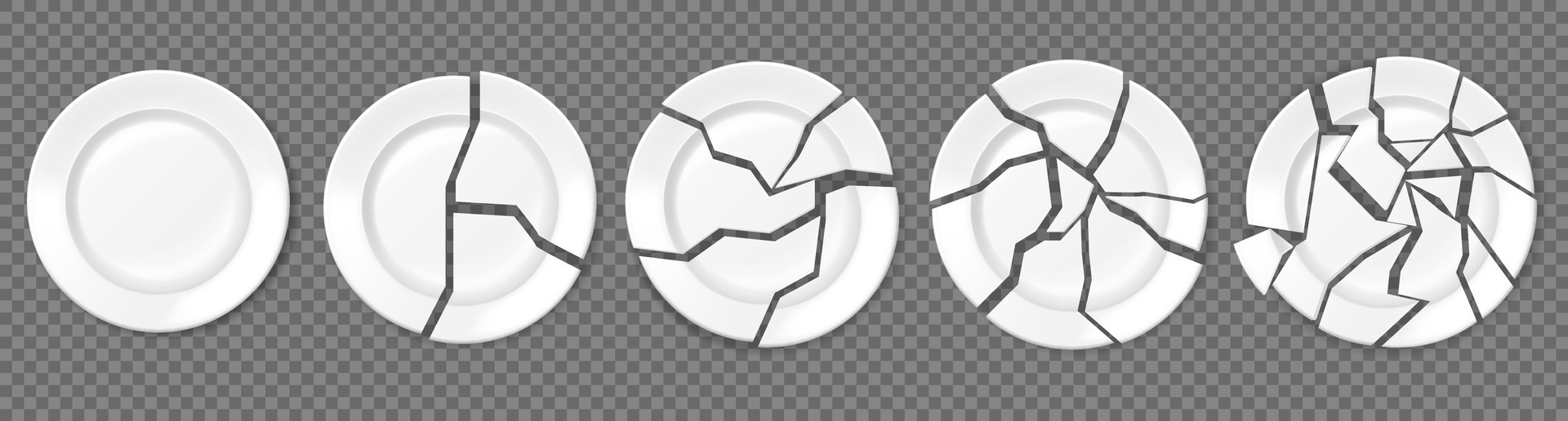 Broken plates, shattered food plate, cracked porcelain dishes