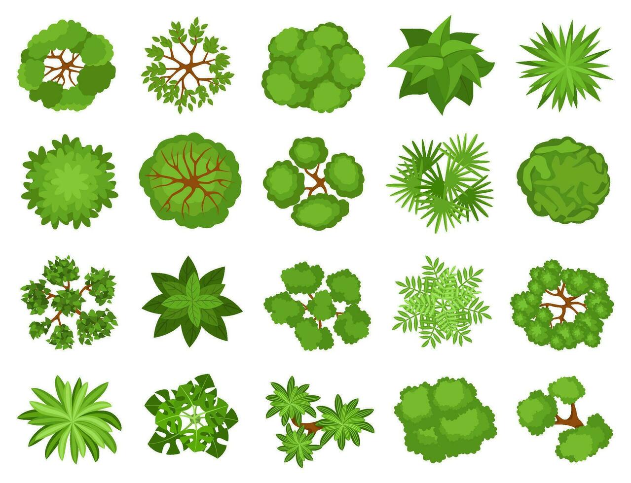 Cartoon top view trees, plants, bushes for landscaping design. Garden tree, bush, shrub, plant elements for landscape plan vector set