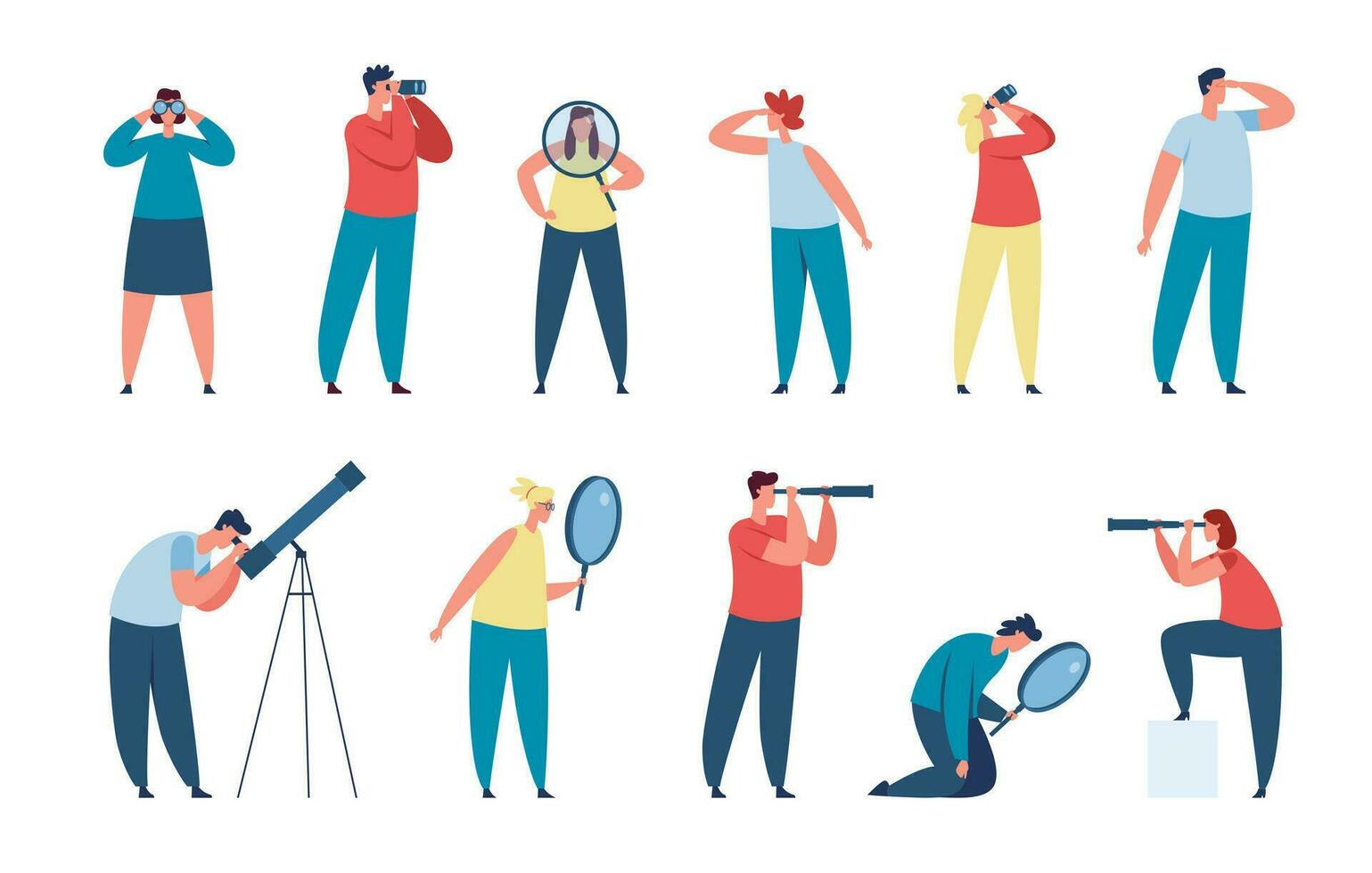 People looking through binoculars and magnifying glass. Characters searching for opportunities and new ideas, man look into future vector set