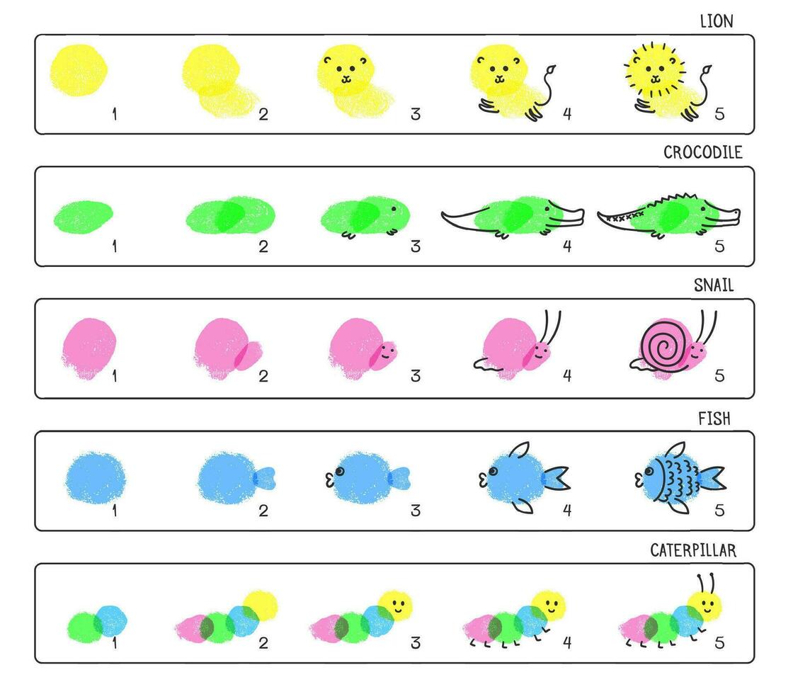 Fingerprint animals step by step, children finger paint art game. Painting with fingers, kindergarten kids activity vector illustration