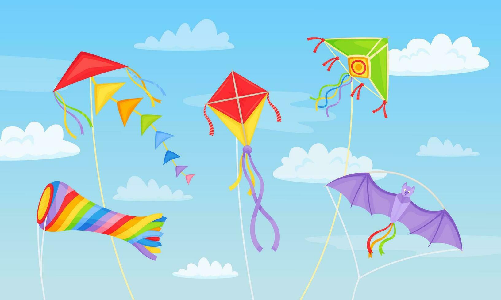 Cartoon colorful kites in sky with clouds, kite festival background. Blue skies with flying air toys, summer kids activity vector illustration