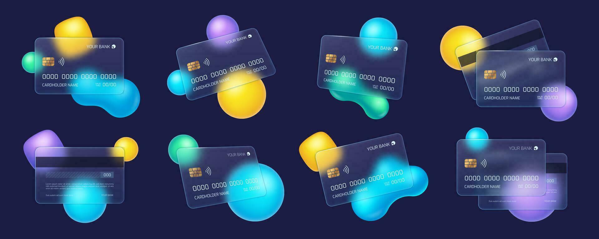 Glassmorphism credit card, frosted glass bank cards with blur effect. Transparent matt plastic debit card with abstract shapes vector set