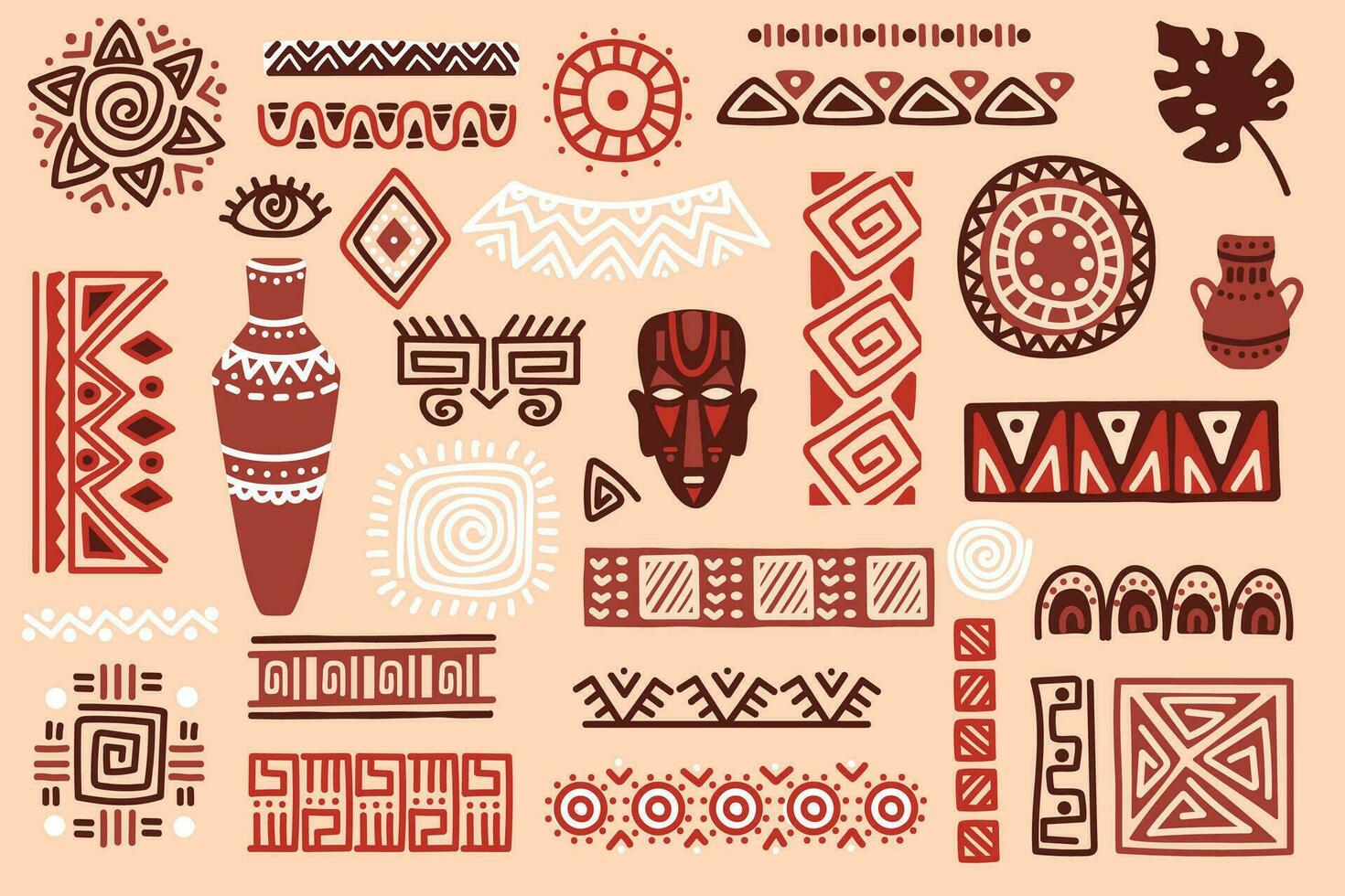 Hand drawn african elements, tribal shapes and textile ornaments. Traditional ritual masks, vases, ethnic circles and borders vector set