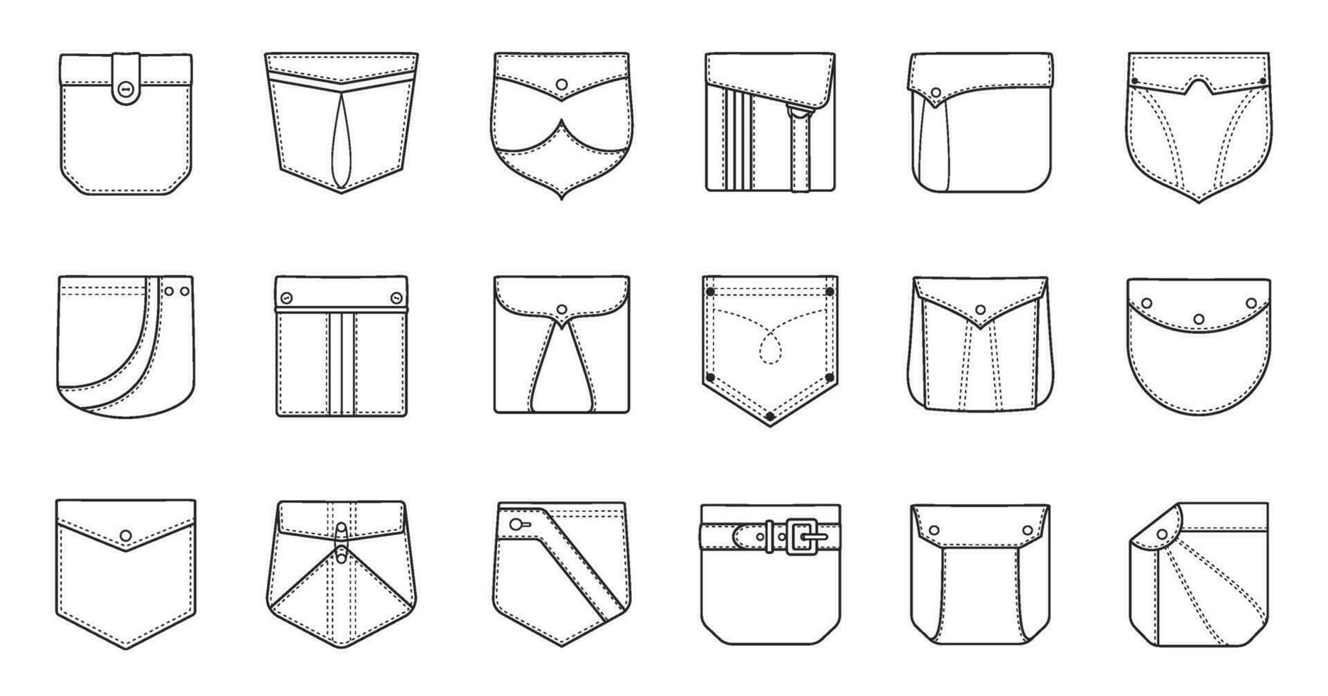 Outline patch pockets for shirts, cargo pants and denim jackets. Flap pocket sewing patterns in different shapes, fabric patches vector set