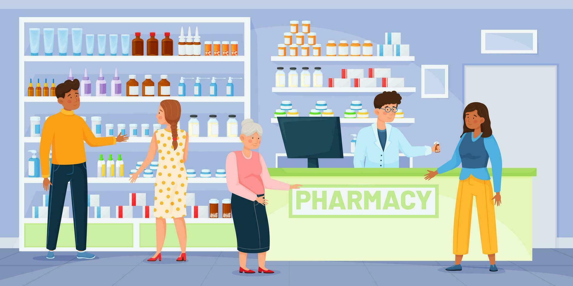 farmacia tienda con clientes, farmacéutico consultante paciente. personas comprando drogas, farmacia con medicina en estantería vector ilustración