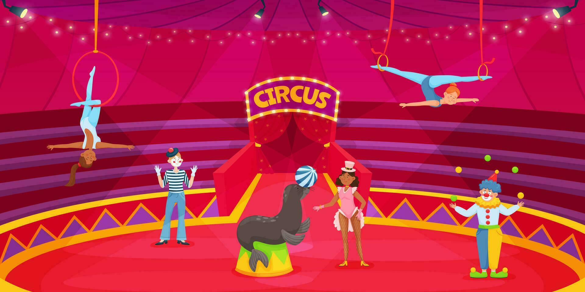 Cartoon circus performers on arena, clown, acrobat, animal trainer. Circus artists on stage, carnival show with acrobats vector illustration