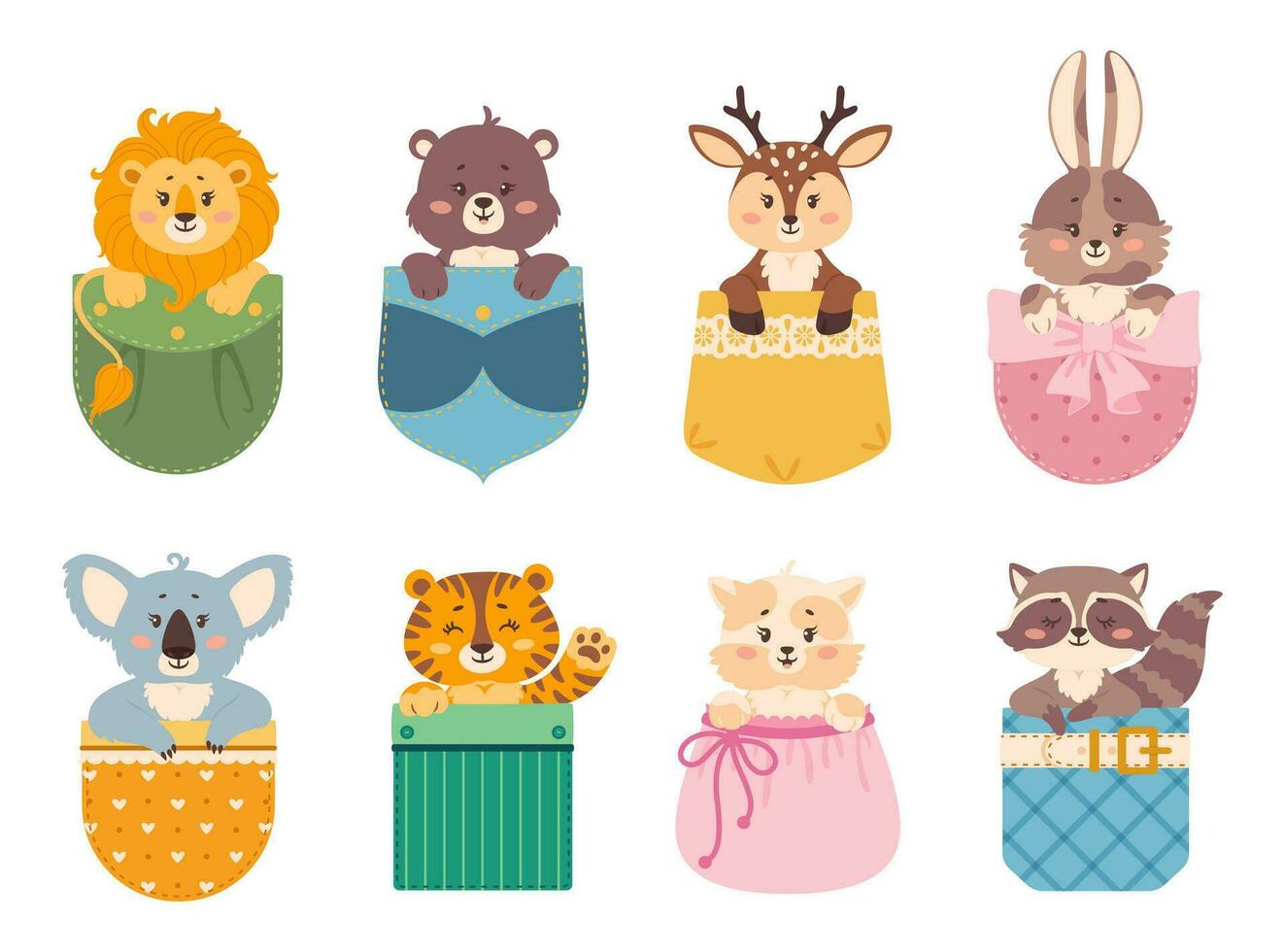 Cartoon animals in pockets, lion, tiger, rabbit, cat sitting inside pocket. Cute baby animal characters peeking out patch pocket vector set