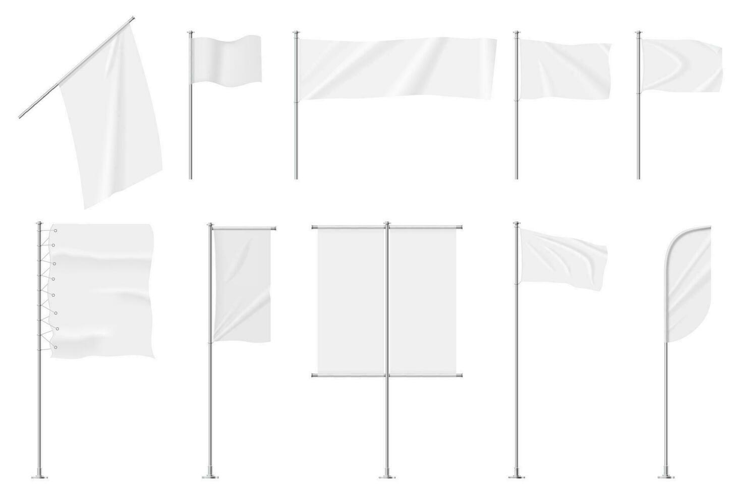 realista blanco textil banderas en polo, blanco publicidad pancartas vacío tela bandera plantilla, colgando paño bandera letrero vector conjunto