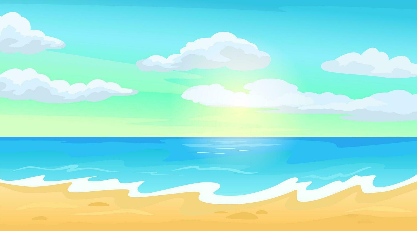 Seashore landscape, tropical sea coast, seascape on sunny day. Summer beach paradise scene, exotic island vacation vector illustration