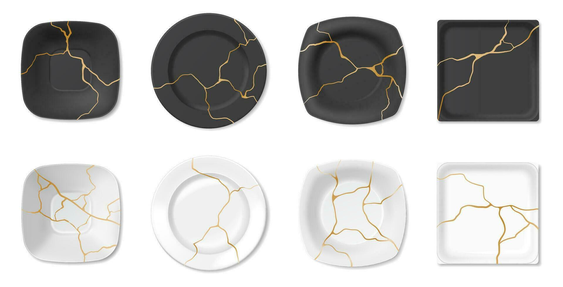 Kintsugi, roto platos con dorado grietas, japonés Arte de reparar. reparando agrietado cerámica con oro, mármol modelo plato vector conjunto