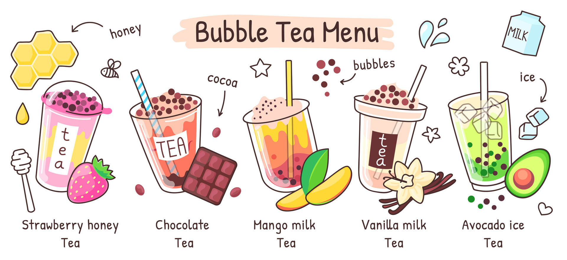 Bubble tea menu, boba drink in different flavors. Summer iced tea with