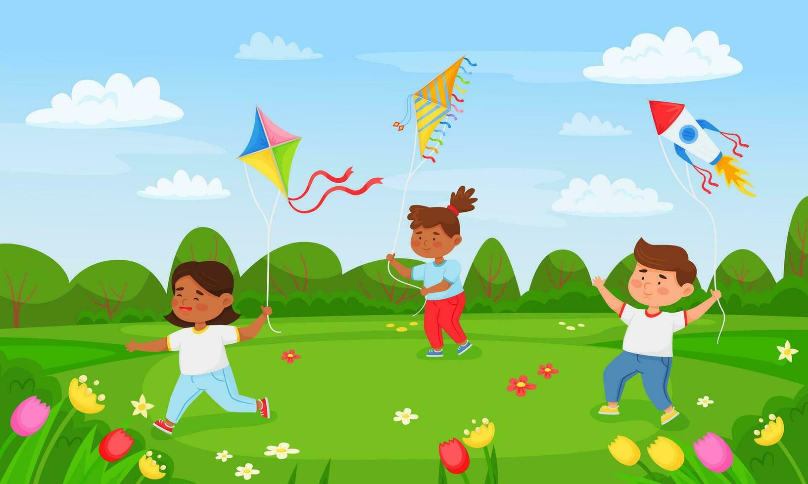 Cartoon kids playing with flying kites in summer park. Children holding kite and running on meadow, having fun outdoor vector illustration